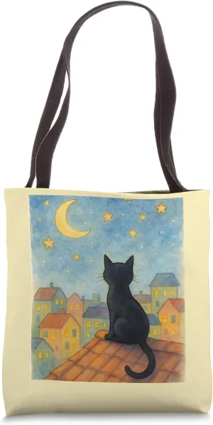 Moonlight Whiskers Watercolor Black Cat Rooftop Under Stars Tote Bag