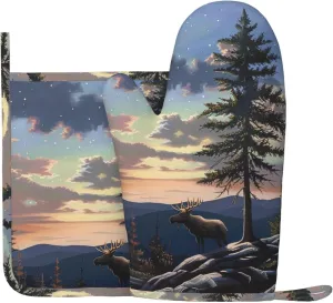 Moose Mountain Pine Tree Wilderness Prints Silicone Oven Mitts and Pot Holders Sets of 2 Heat Resistant Kitchen Gloves(Right) and Potholder for Picnic BBQ Cooking Baking