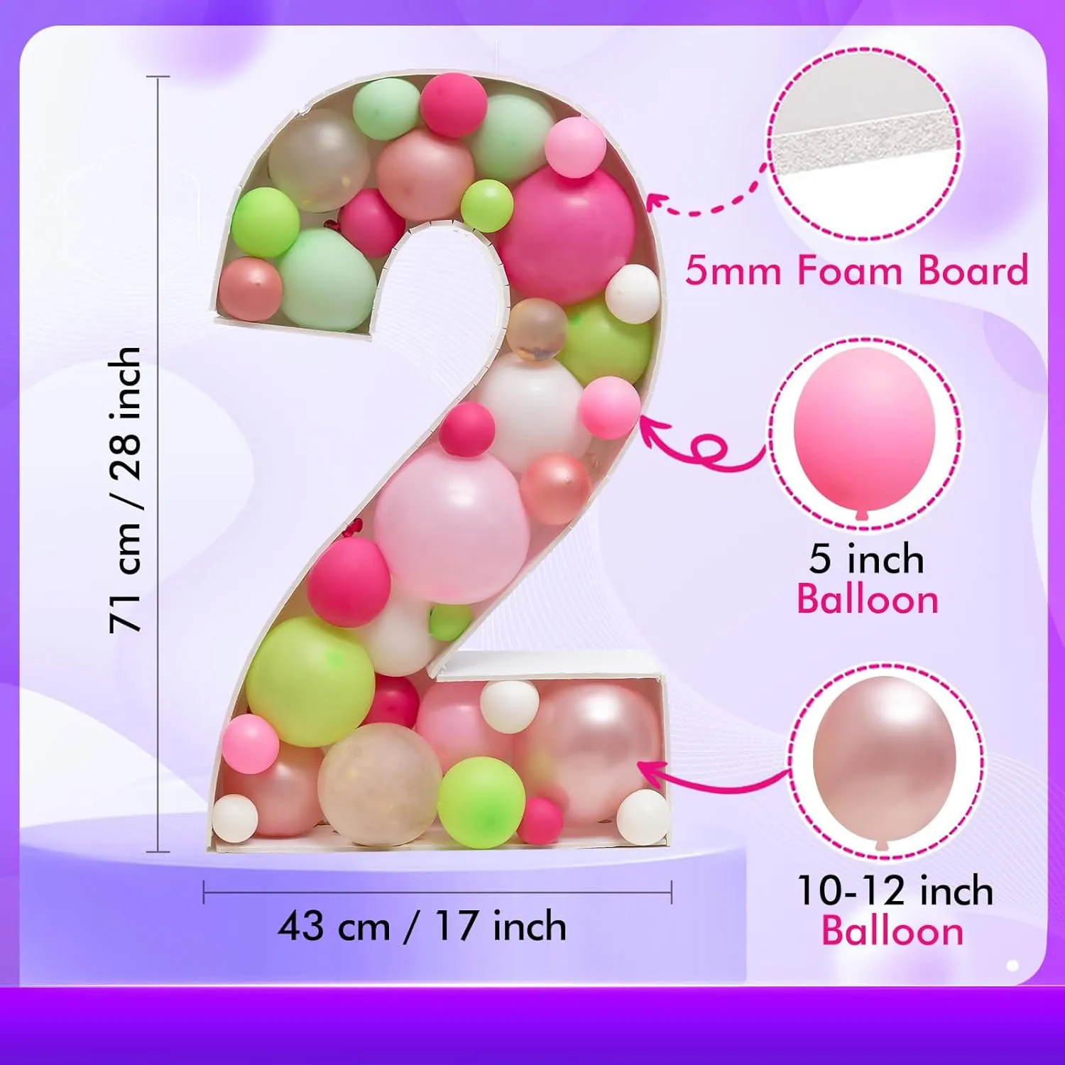 Mosaic Balloon Frame Numbers 2 Pre-Cut Large Foam Board Sign Cut-Out for Boy Girl Birthday Backdrop Anniversary Decoration