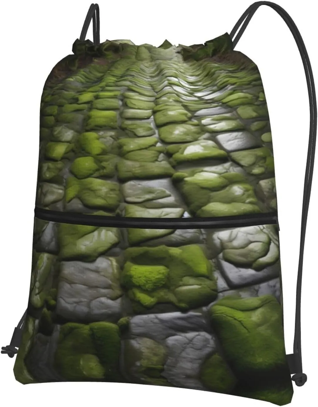 Moss Stone Pavement Print Sports Drawstring Backpack with Zipper Pocket Gym Cinch Sack Bag for Men Women