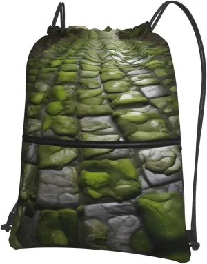 Moss Stone Pavement Print Sports Drawstring Backpack with Zipper Pocket Gym Cinch Sack Bag for Men Women