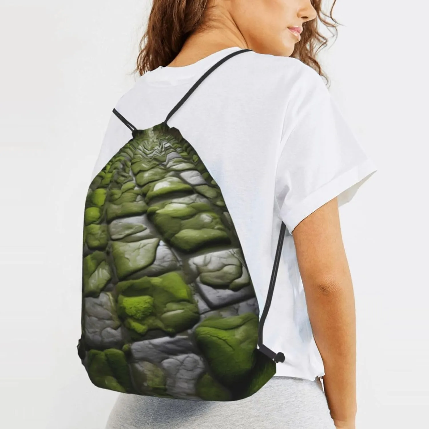 Moss Stone Pavement Print Sports Drawstring Backpack with Zipper Pocket Gym Cinch Sack Bag Unisex Backpack