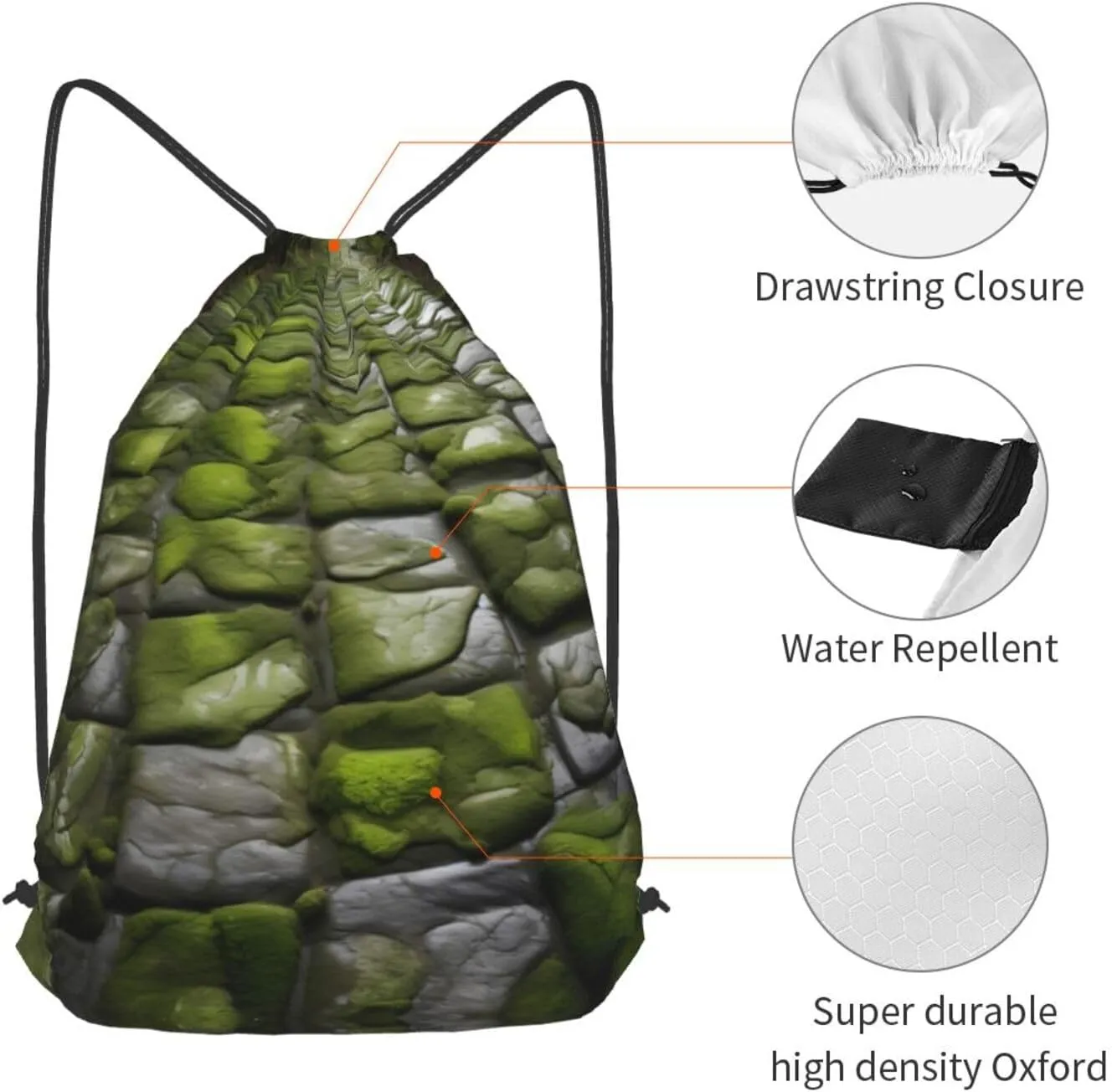 Moss Stone Pavement Print Sports Drawstring Backpack with Zipper Pocket Gym Cinch Sack Bag Unisex Backpack