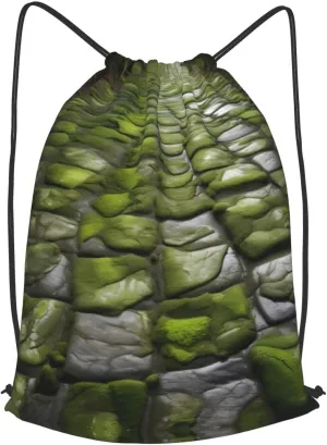 Moss Stone Pavement Print Sports Drawstring Backpack with Zipper Pocket Gym Cinch Sack Bag Unisex Backpack