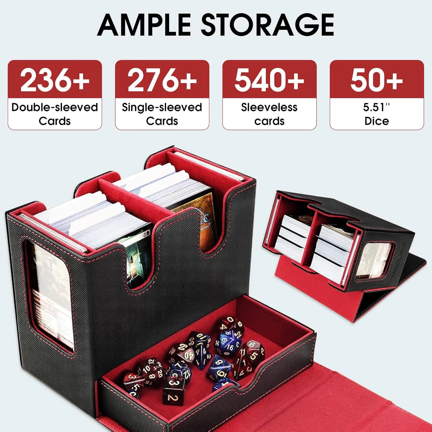 MTG Commander Deck Box-Patented Handle Design, Trading Card Storage Box Organizer Holds 236  Double-sleeved Cards, Magnet Case with Dice Tray, 2 Card Holders, 6 Dividers for TCG, CCG, EDH -Black Red