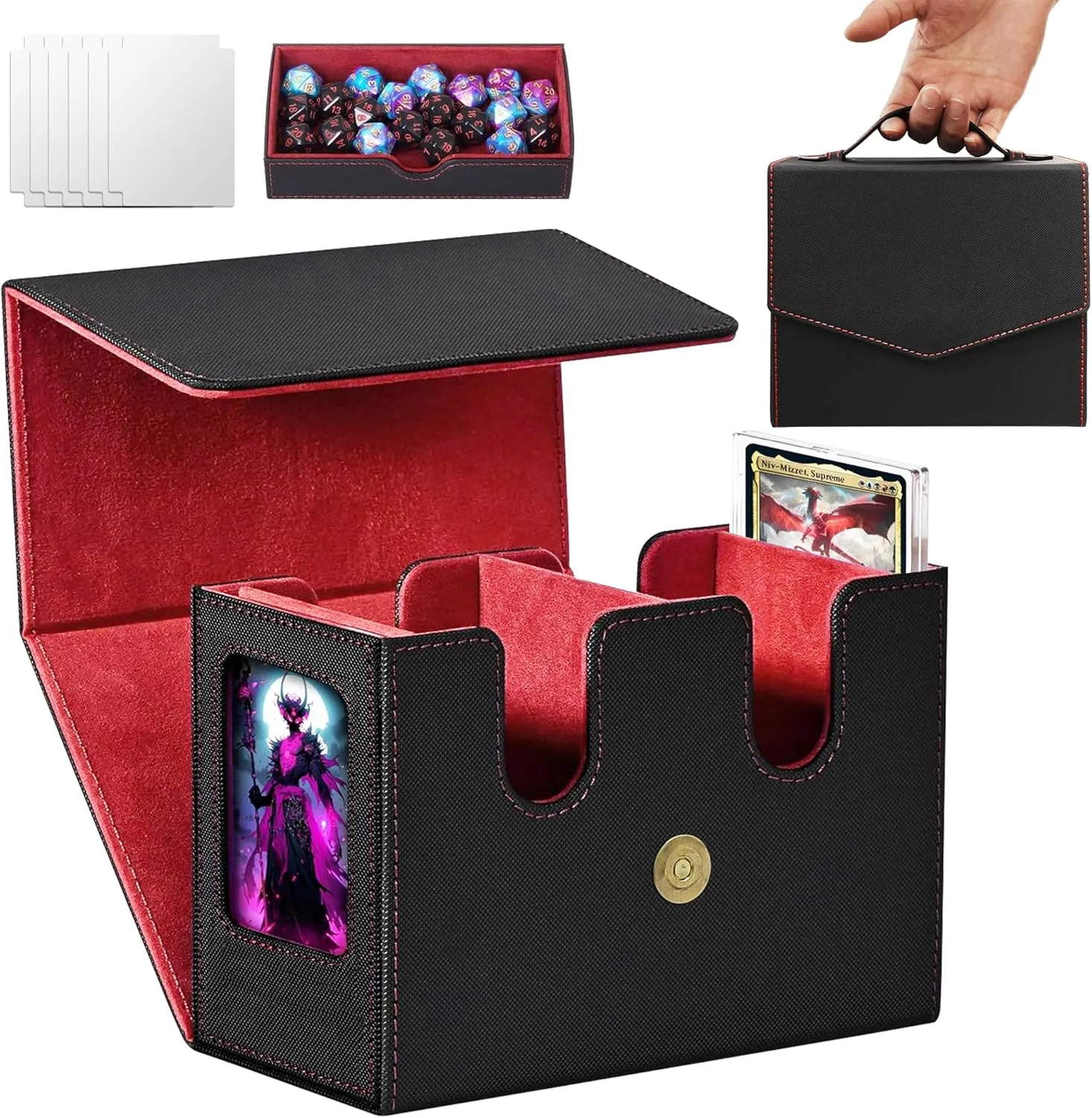 MTG Commander Deck Box-Patented Handle Design, Trading Card Storage Box Organizer Holds 236  Double-sleeved Cards, Magnet Case with Dice Tray, 2 Card Holders, 6 Dividers for TCG, CCG, EDH -Black Red