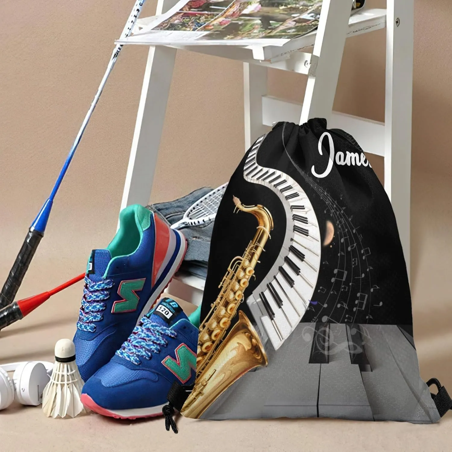 Music Guitar Saxophone Piano Waterproof Drawstring Backpack for Sports Gym for Teen Sackpack String Bag for Basketball Bag