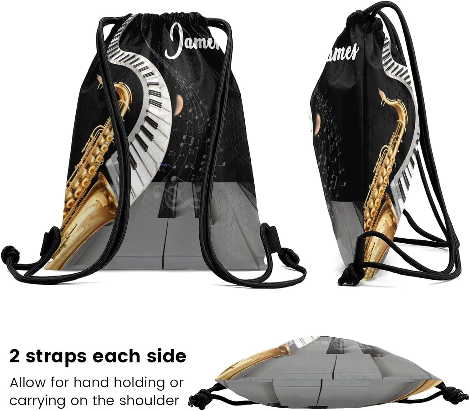 Music Guitar Saxophone Piano Waterproof Drawstring Backpack for Sports Gym for Teen Sackpack String Bag for Basketball Bag