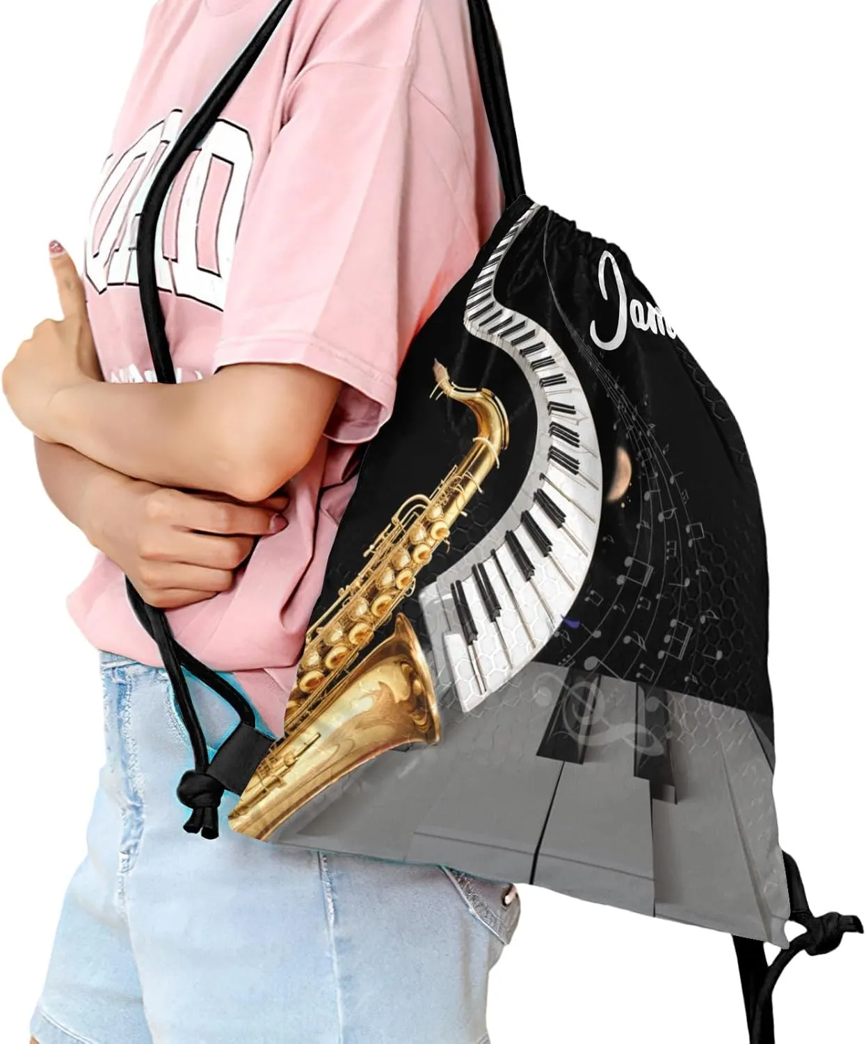 Music Guitar Saxophone Piano Waterproof Drawstring Backpack for Sports Gym for Teen Sackpack String Bag for Basketball Bag