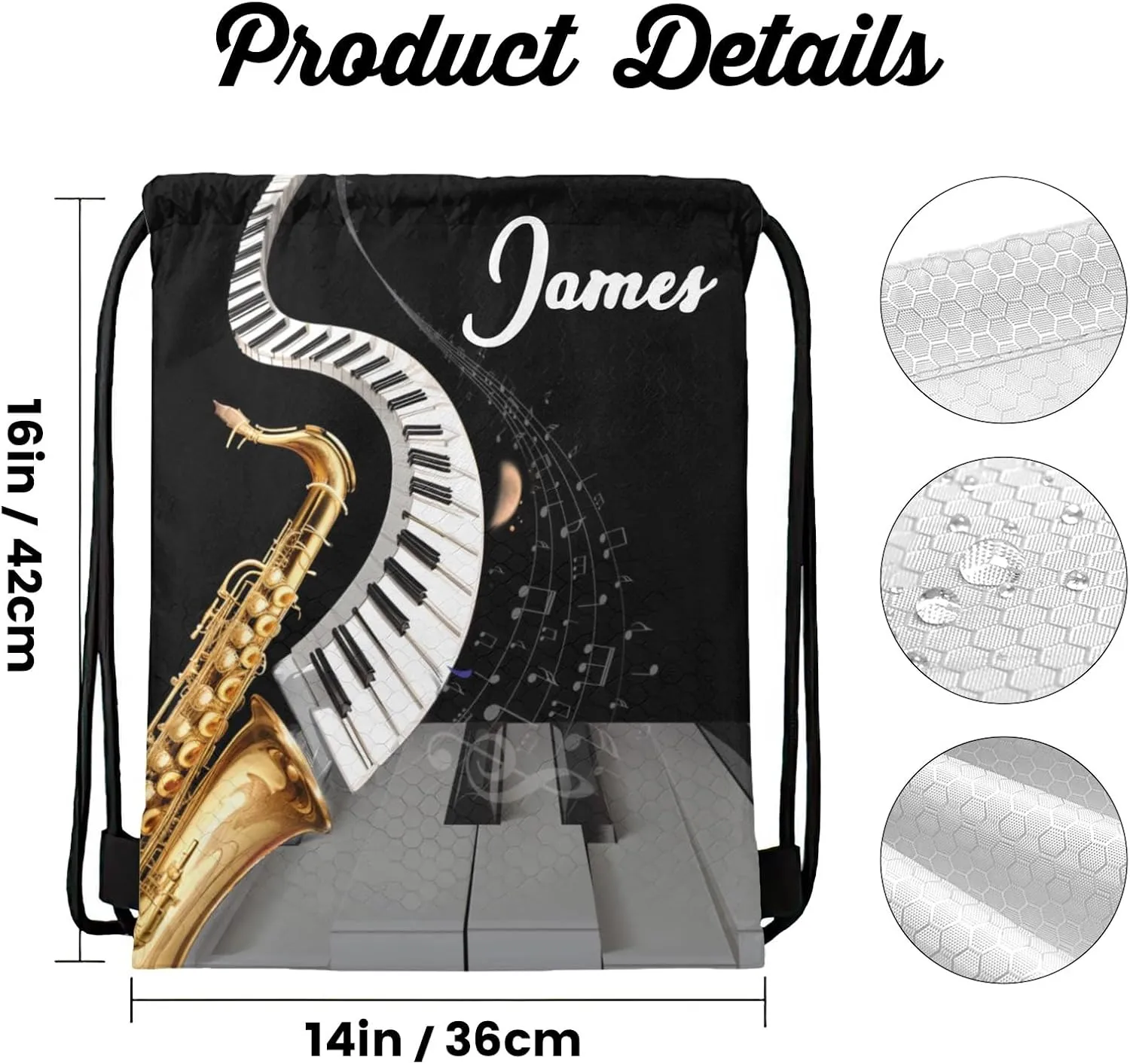 Music Guitar Saxophone Piano Waterproof Drawstring Backpack for Sports Gym for Teen Sackpack String Bag for Basketball Bag