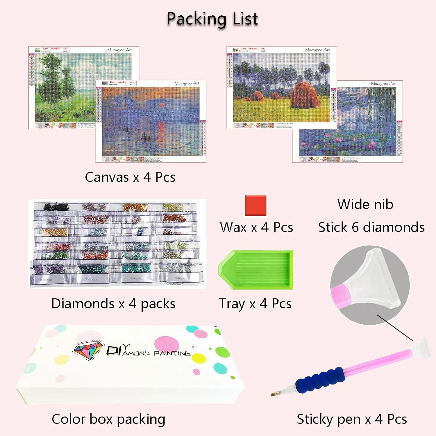 Muzagroo Art DIY Diamond Painting Kits for Adults, 5D Diamond Art Kits for Beginners Paint by Diamond, Monet Diamond Arts and Crafts for Living Room Bedroom 4 PCS Wall Art