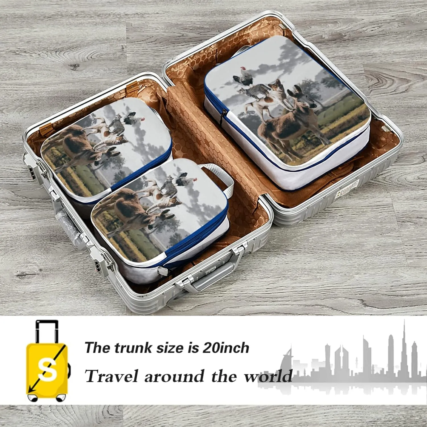 Natural Countryside View Dog Cat Rooster Donkey Farm Animal 3 Piece set Cubes Expandable Adjustable Luggage Packing Bags, Ultralight Organizer Accessories Travel Suitcase Compressible Bags
