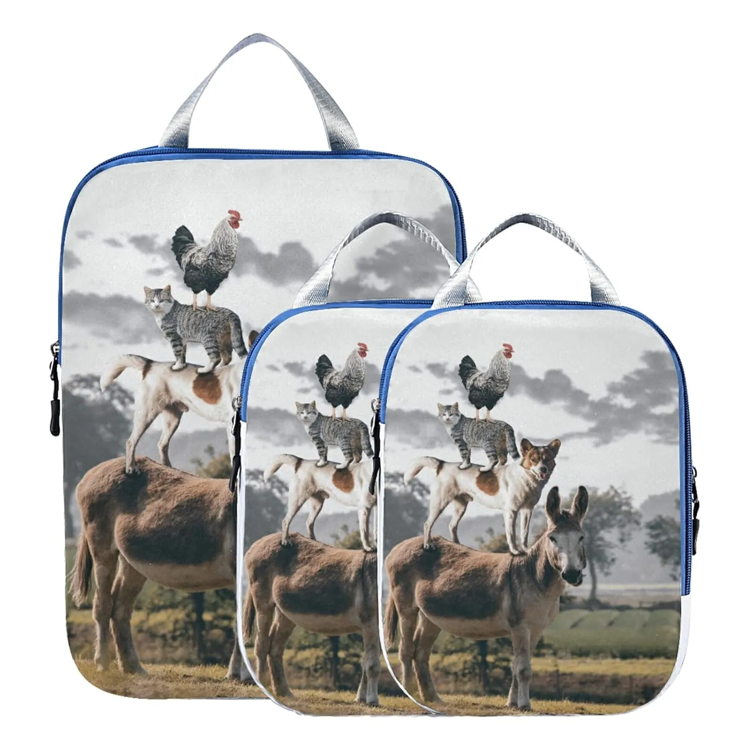 Natural Countryside View Dog Cat Rooster Donkey Farm Animal 3 Piece set Cubes Expandable Adjustable Luggage Packing Bags, Ultralight Organizer Accessories Travel Suitcase Compressible Bags