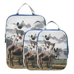 Natural Countryside View Dog Cat Rooster Donkey Farm Animal 3 Piece set Cubes Expandable Adjustable Luggage Packing Bags, Ultralight Organizer Accessories Travel Suitcase Compressible Bags
