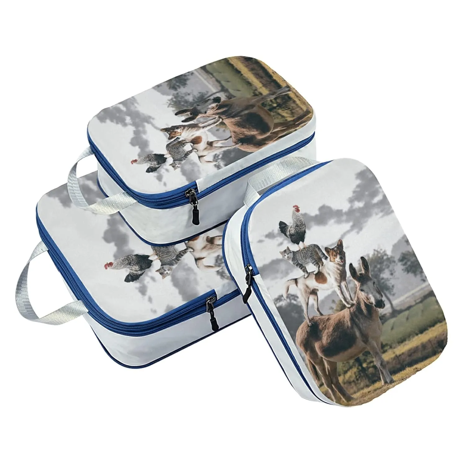 Natural Countryside View Dog Cat Rooster Donkey Farm Animal 3 Piece set Cubes Expandable Adjustable Luggage Packing Bags, Ultralight Organizer Accessories Travel Suitcase Compressible Bags