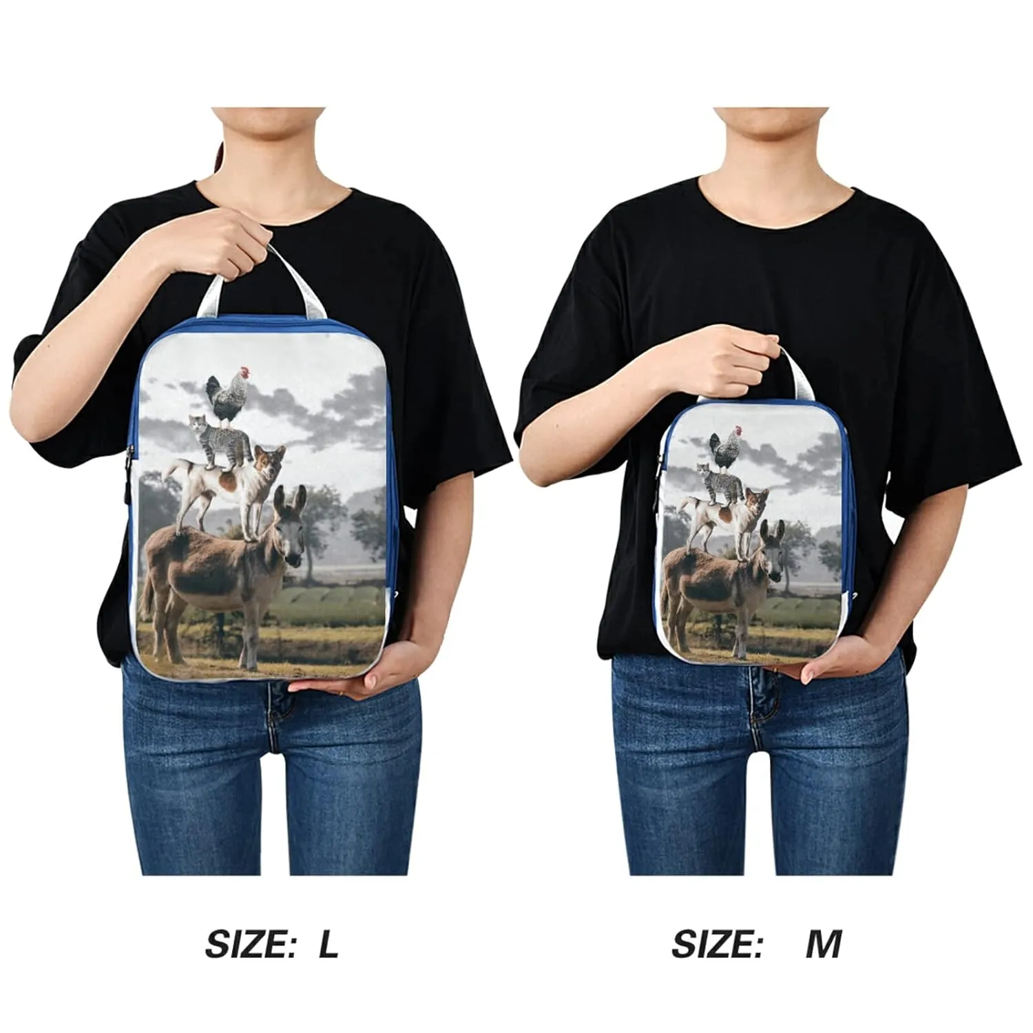 Natural Countryside View Dog Cat Rooster Donkey Farm Animal 3 Piece set Cubes Expandable Adjustable Luggage Packing Bags, Ultralight Organizer Accessories Travel Suitcase Compressible Bags