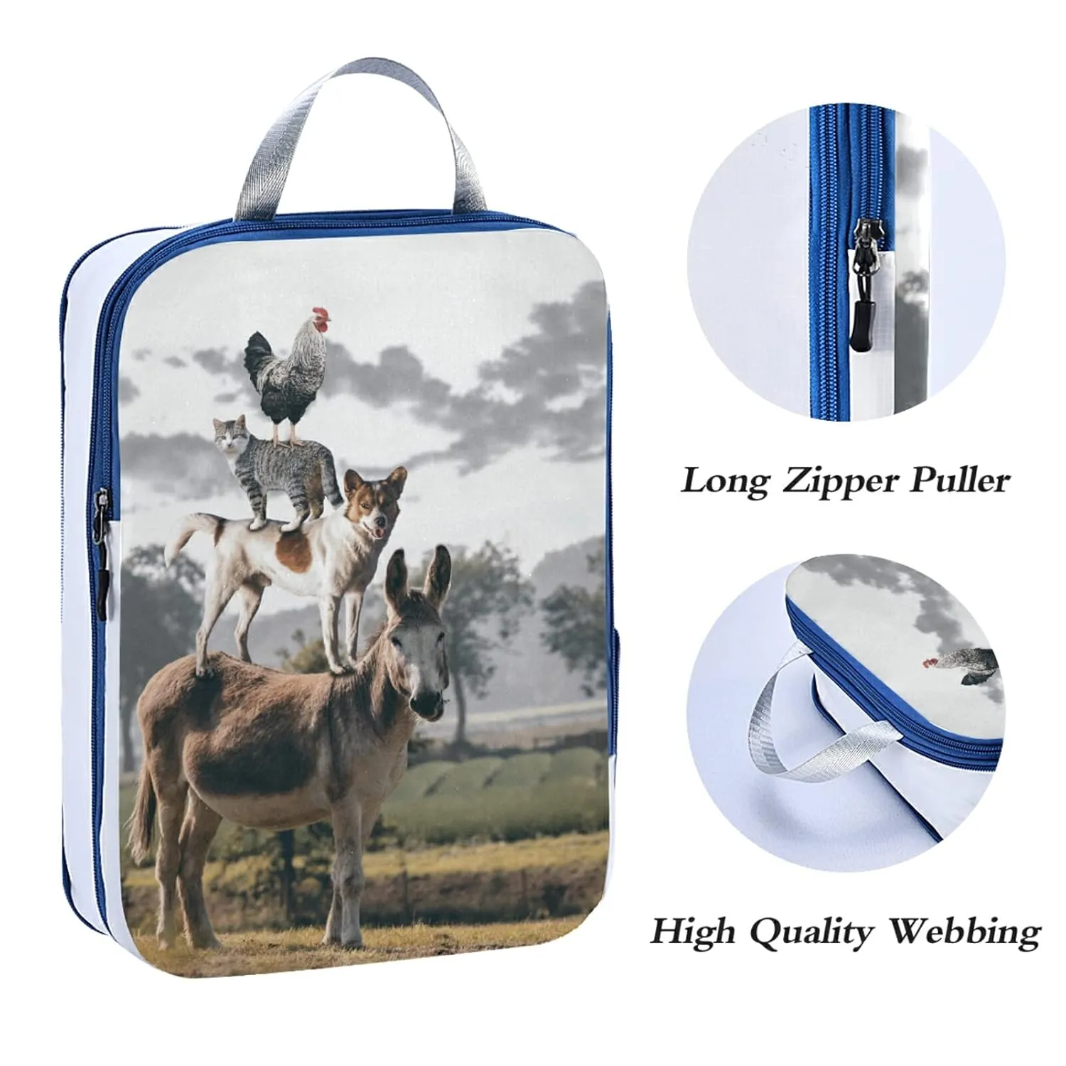 Natural Countryside View Dog Cat Rooster Donkey Farm Animal 3 Piece set Cubes Expandable Adjustable Luggage Packing Bags, Ultralight Organizer Accessories Travel Suitcase Compressible Bags