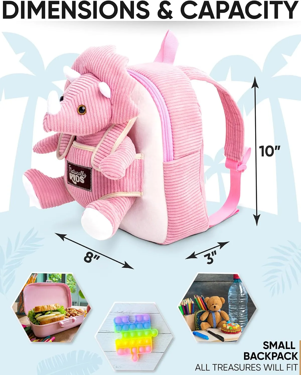 Naturally KIDS Pink Triceratops Toy, Triceratops Stuffed Animal for 2 3 4 5 Year Old Girl, Stuffed Dinosaur for Girls, Pink Toddler Backpack