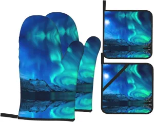 Northern Lights Print Convenient Oven Mitts Pot Holders Set Duty Heat Resistant Gloves with Quilted Liner