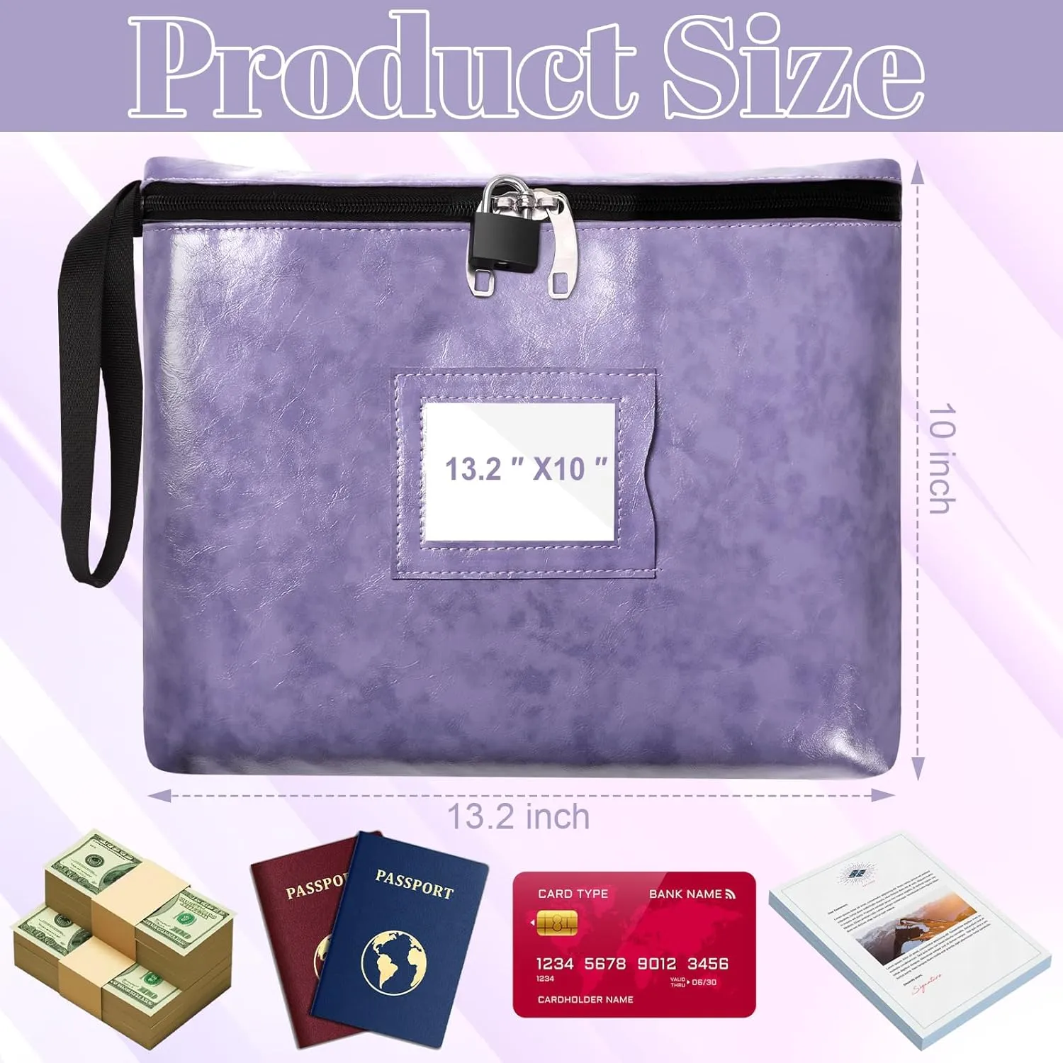 Notary Bag with Lock 13.2 * 10 Inches Purple Leather Notary Supply Bag with handle Cash Bag Locking Document Bag with 2 keys Money Bank Deposit Bag with Zipper for Record Book Stamp Passport (Purple)
