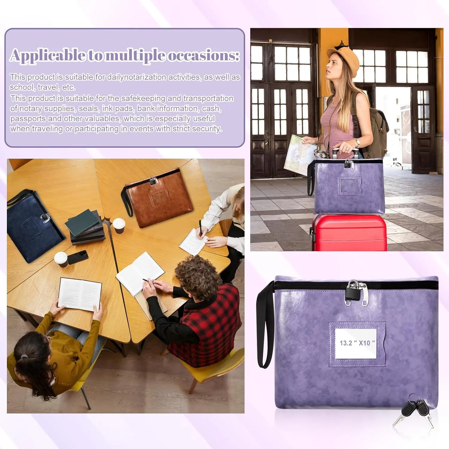 Notary Bag with Lock 13.2 * 10 Inches Purple Leather Notary Supply Bag with handle Cash Bag Locking Document Bag with 2 keys Money Bank Deposit Bag with Zipper for Record Book Stamp Passport (Purple)