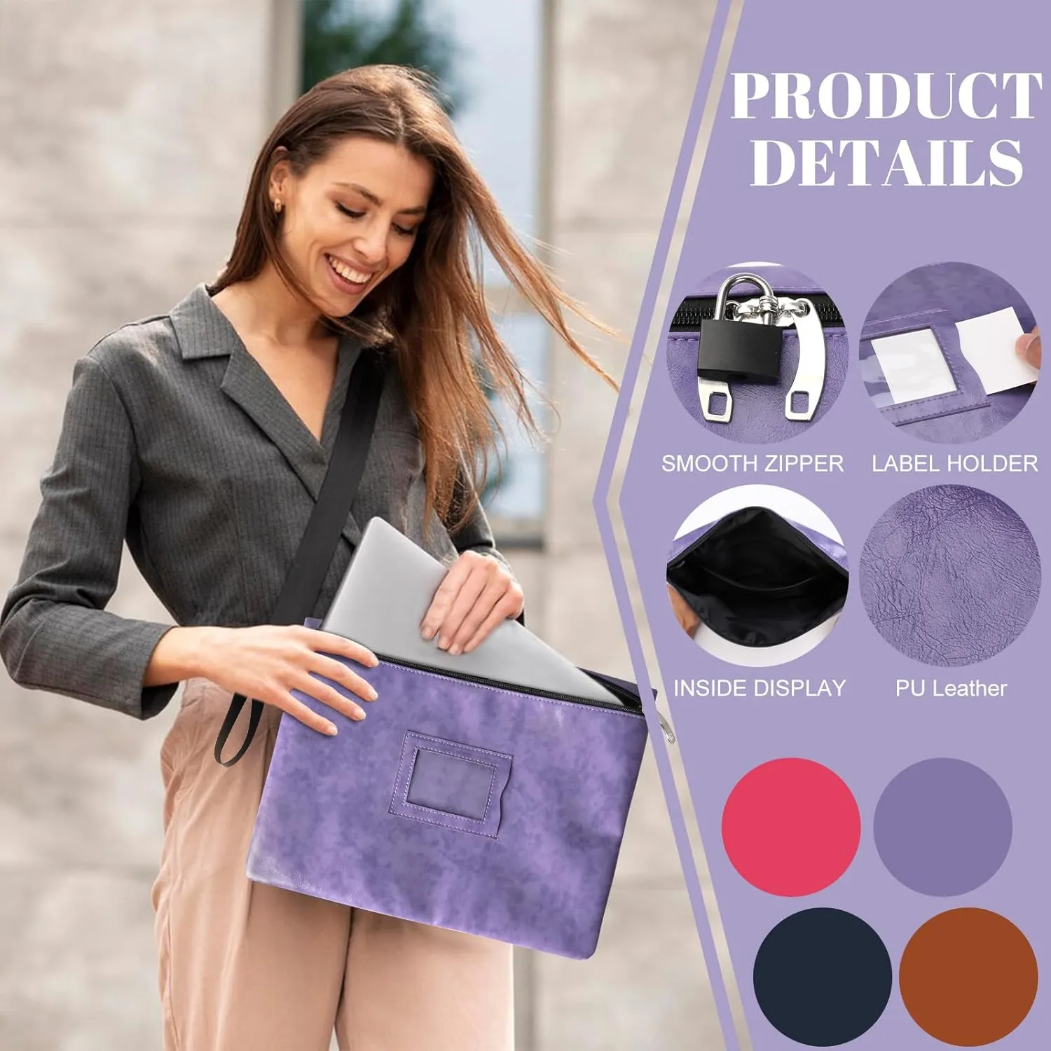 Notary Bag with Lock 13.2 * 10 Inches Purple Leather Notary Supply Bag with handle Cash Bag Locking Document Bag with 2 keys Money Bank Deposit Bag with Zipper for Record Book Stamp Passport (Purple)