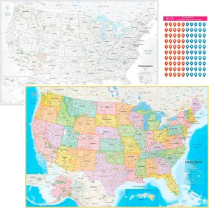 NOWMAP AquaShield Double-Sided United States, USA Map Waterproof Poster 24x36 - Folded with (Pin Stickers)