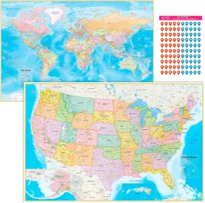 NOWMAP AquaShield Double-Sided World and USA Map Waterproof 2 Wall Map Set 24x36 - Folded Edition with (Pin Stickers)