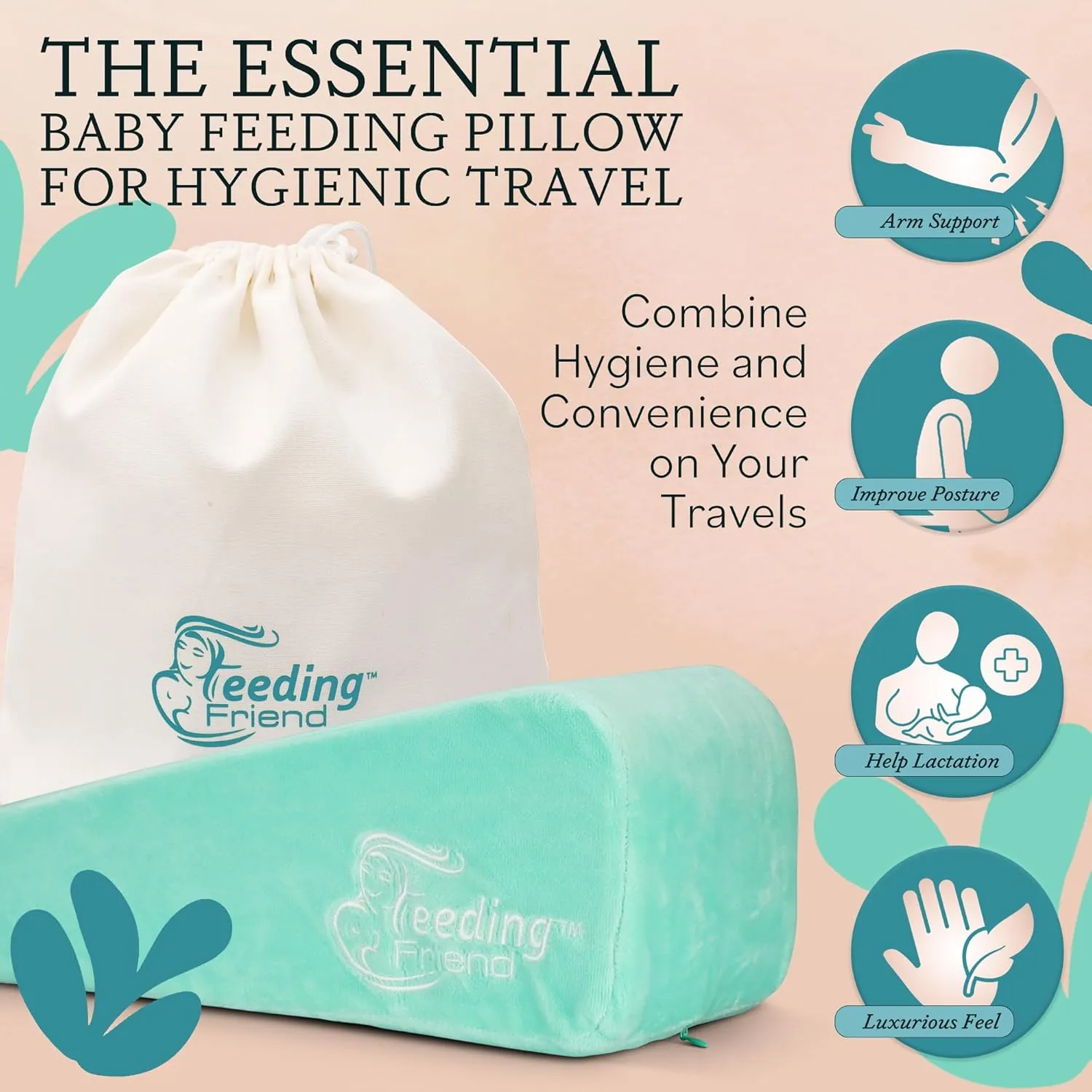 Nursing Pillow for Breastfeeding & Baby Bottle Feeder, Baby Head Support, Compact & Portable, Reduce Baby Reflux, Adjustable Support, Baby Travel Pillow, Infant Wedge Pillow, Mint
