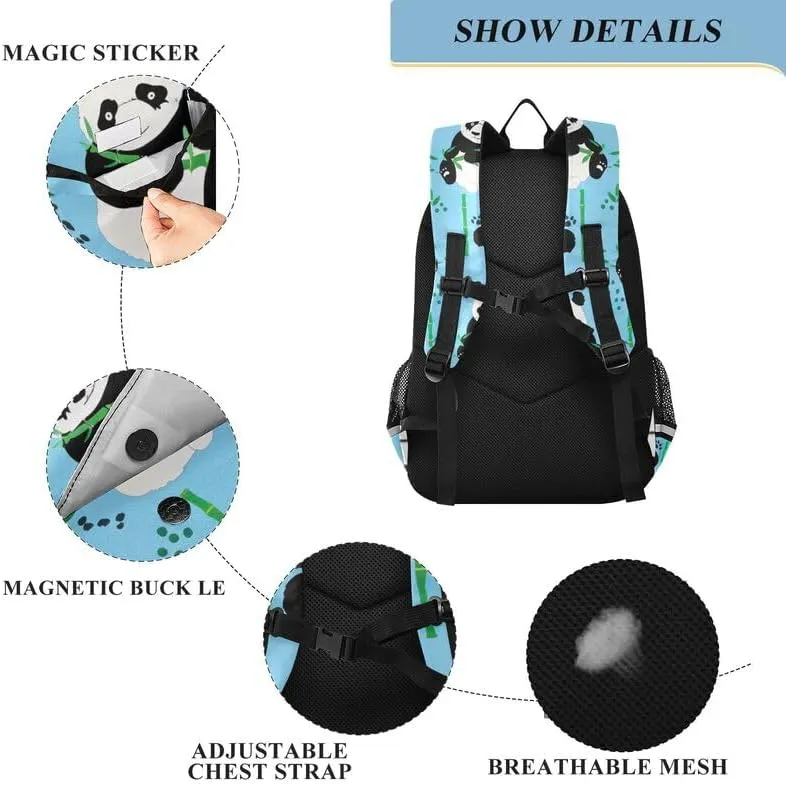ODAWA Cute Pandas Blue Bakcpack Bookbags with Adjustable Padded Straps Kids Backpack Ages 6-12, 17 Inch
