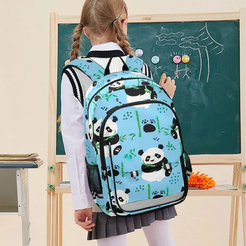 ODAWA Cute Pandas Blue Bakcpack Bookbags with Adjustable Padded Straps Kids Backpack Ages 6-12, 17 Inch