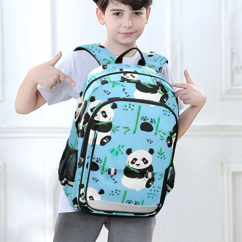 ODAWA Cute Pandas Blue Bakcpack Bookbags with Adjustable Padded Straps Kids Backpack Ages 6-12, 17 Inch