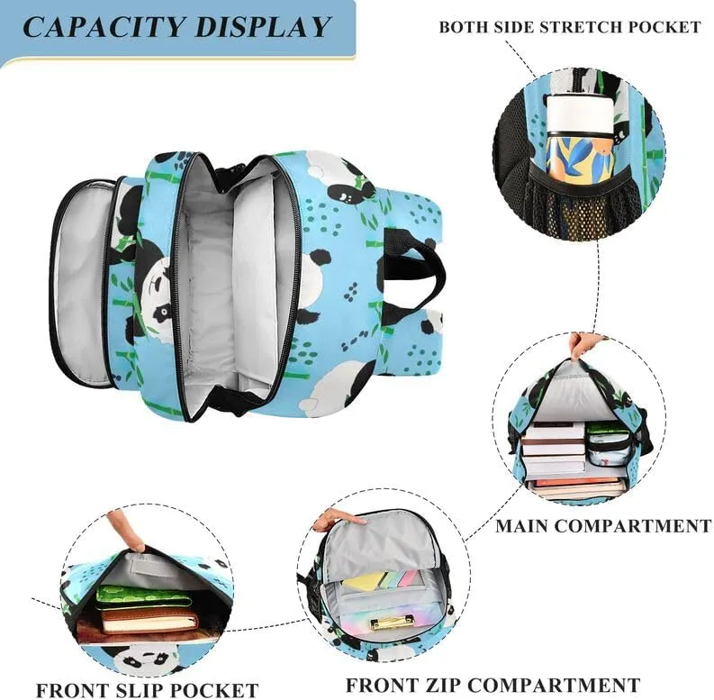 ODAWA Cute Pandas Blue Bakcpack Bookbags with Adjustable Padded Straps Kids Backpack Ages 6-12, 17 Inch