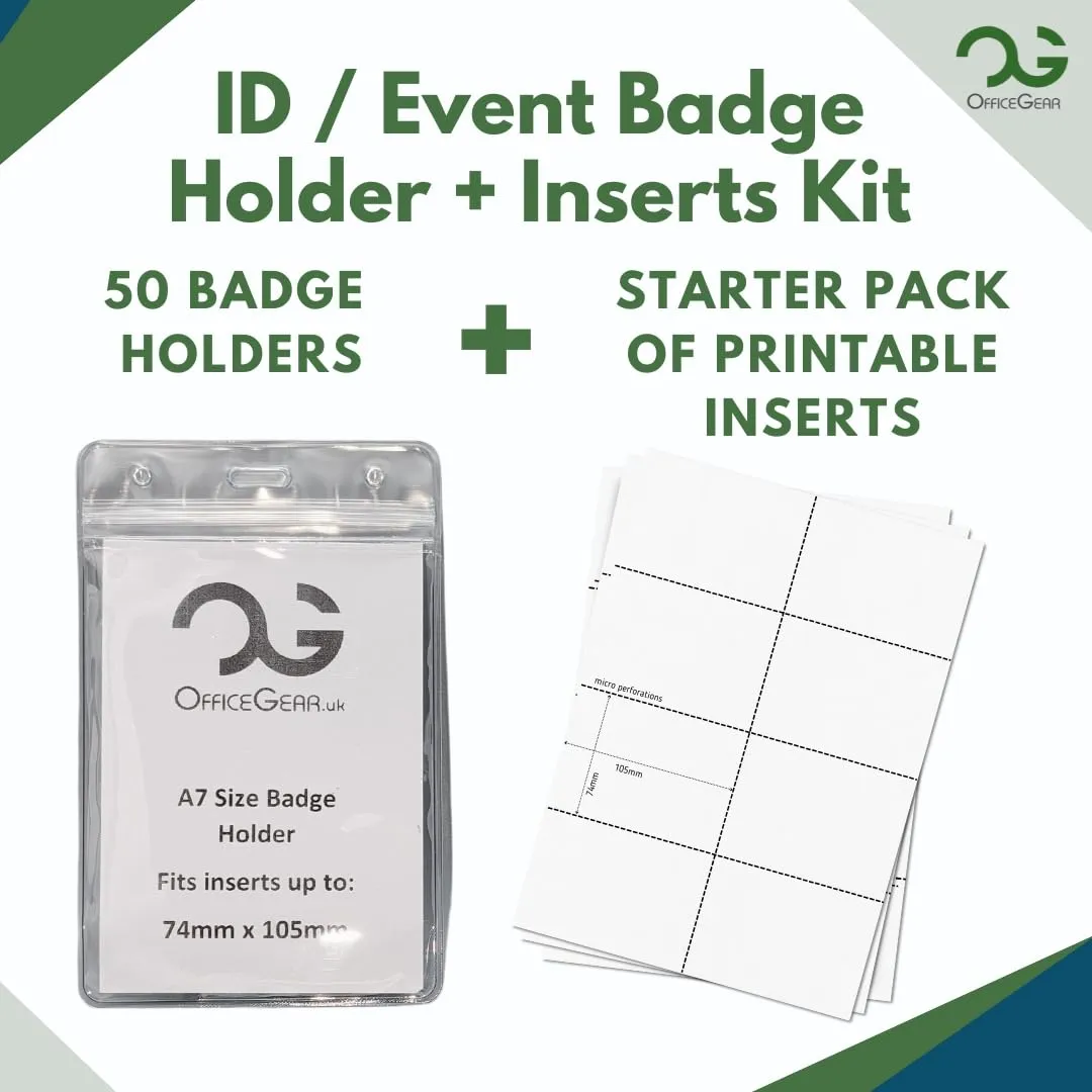 OfficeGear ID Badge Holder [50 Pack] Vertical Hanging Size A7 (3x4 inch 74x105mm) Plus Printable Inserts - Ziplock Vertical Holder for ID Cards, Licences, Delegate, Exhibitor, Visitor Badge