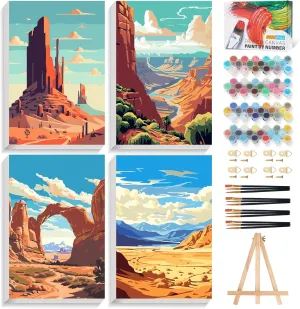 Offito 4 Pack Framed Paint by Numbers Kit for Adults Beginners with Wooden Easel, National Park Easy Number Painting Kit with Frame, Watercolor Adult Paint by Number Framed Canvas (8 * 12 Inch)