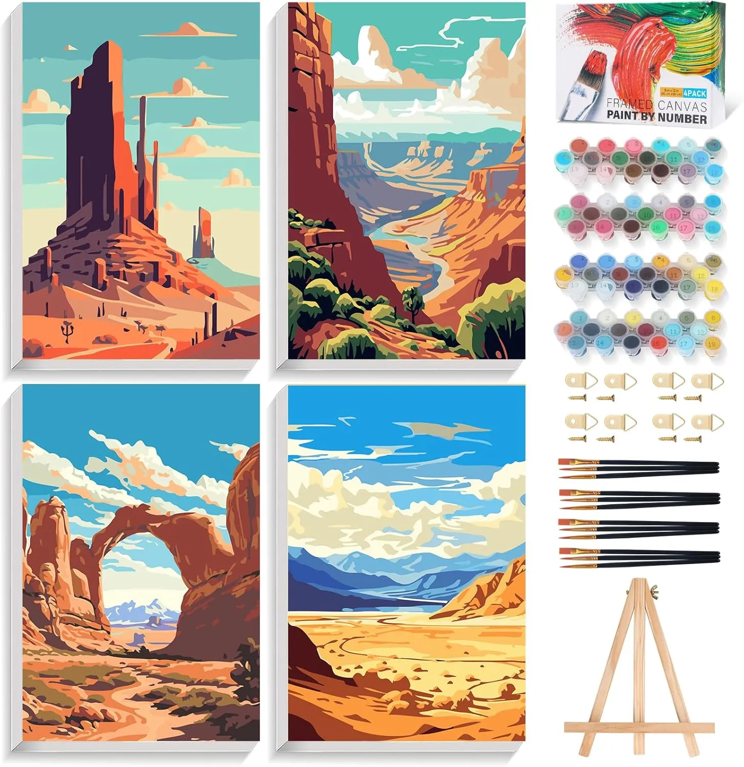 Offito 4 Pack Framed Paint by Numbers Kit for Adults Beginners with Wooden Easel, National Park Easy Number Painting Kit with Frame, Watercolor Adult Paint by Number Framed Canvas (8 * 12 Inch)