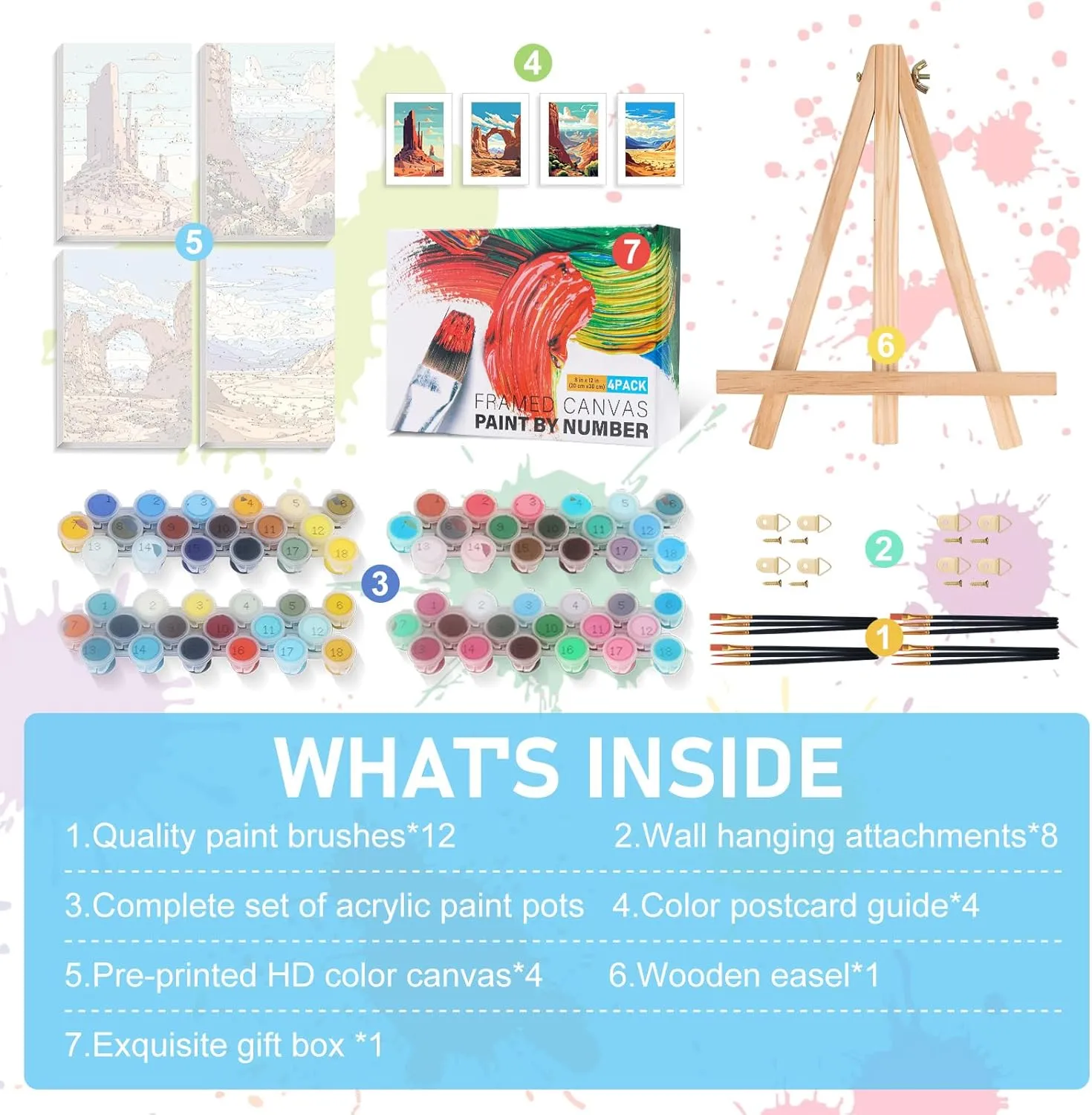 Offito 4 Pack Framed Paint by Numbers Kit for Adults Beginners with Wooden Easel, National Park Easy Number Painting Kit with Frame, Watercolor Adult Paint by Number Framed Canvas (8 * 12 Inch)