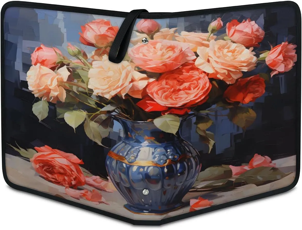 Oil Painting Roses 3 Ring Trading Zipper Binder Strap, Trading Card Binder 4 Pocket, 400 Pockets Card Holder with 50 Removable Sleeves for Game Cards