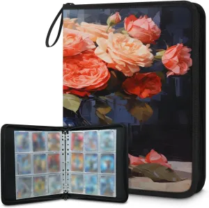 Oil Painting Roses 3 Ring Trading Zipper Binder Strap, Trading Card Binder 4 Pocket, 400 Pockets Card Holder with 50 Removable Sleeves for Game Cards