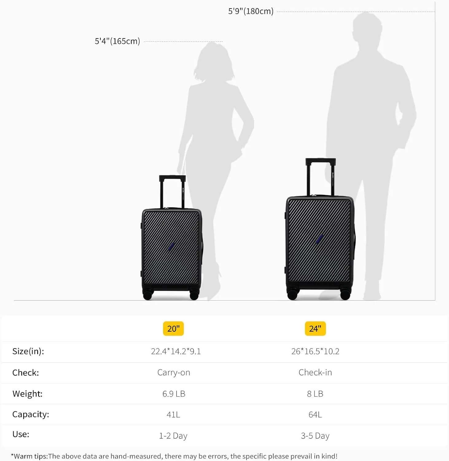 OIWAS 20 Inch Carry On Luggage, DIY Luggage with Spinner Wheels, Polycarbonate Lightweight Carry-on Suitcases with TSA Lock, Rolling Carry on Luggage Airline Approved, Black
