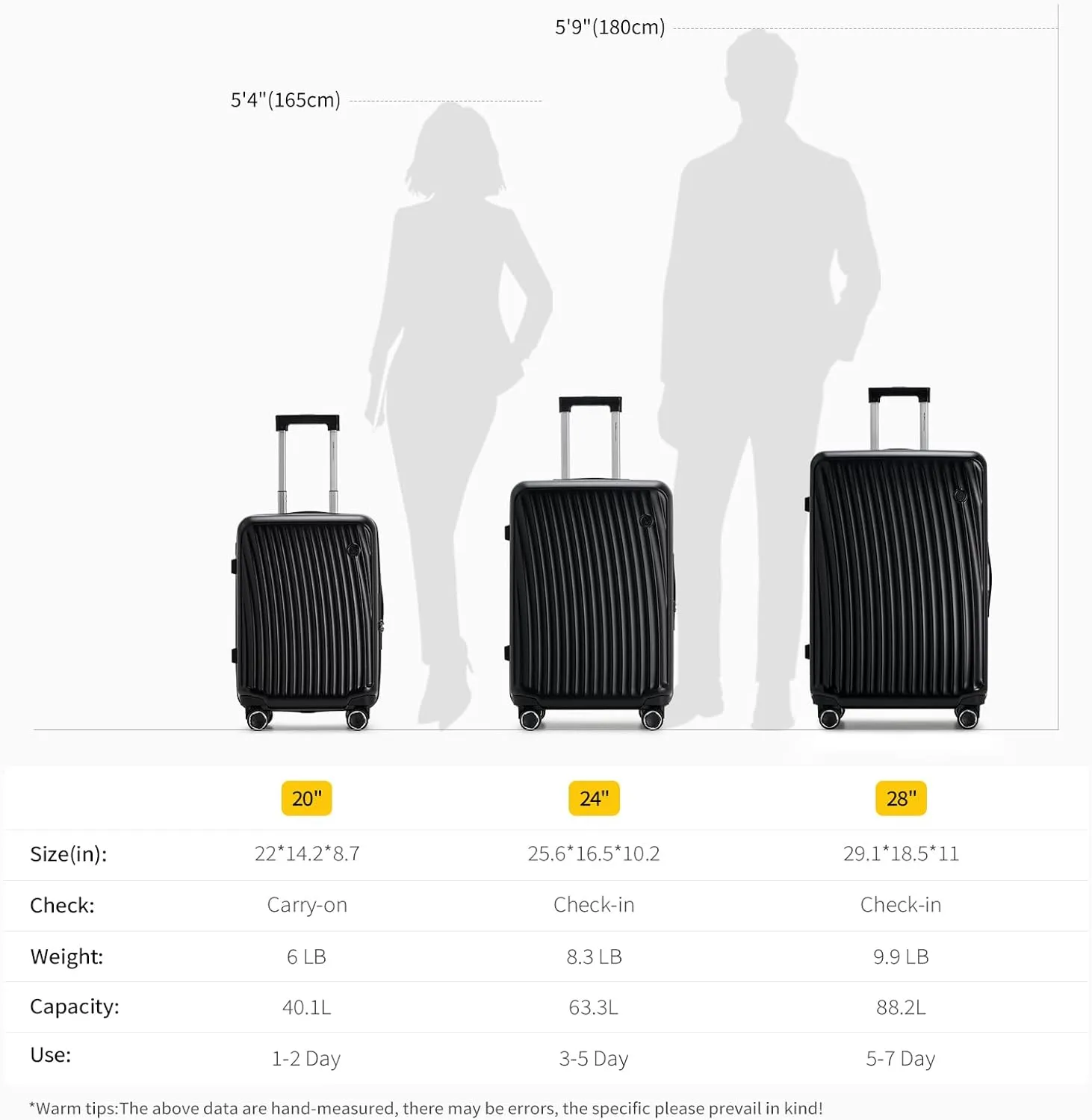 OIWAS 24 Inch Luggage, Hard Shell Suitcases with Wheels, TSA Lock and Waterproof Compartment, Lightweight Medium Suitcase with Smooth Zippers, Checked Luggage for 3-5 Day Trip, Black