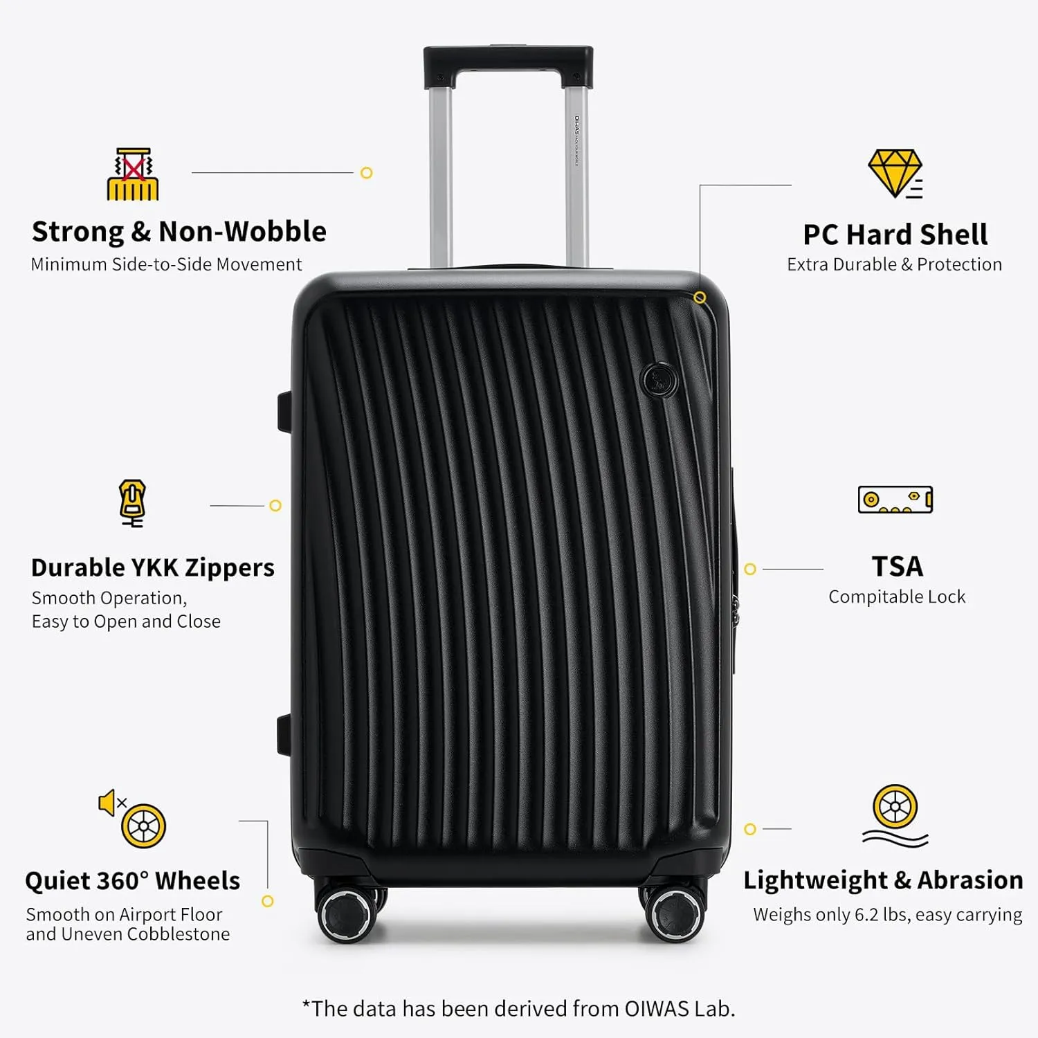 OIWAS 24 Inch Luggage, Hard Shell Suitcases with Wheels, TSA Lock and Waterproof Compartment, Lightweight Medium Suitcase with Smooth Zippers, Checked Luggage for 3-5 Day Trip, Black