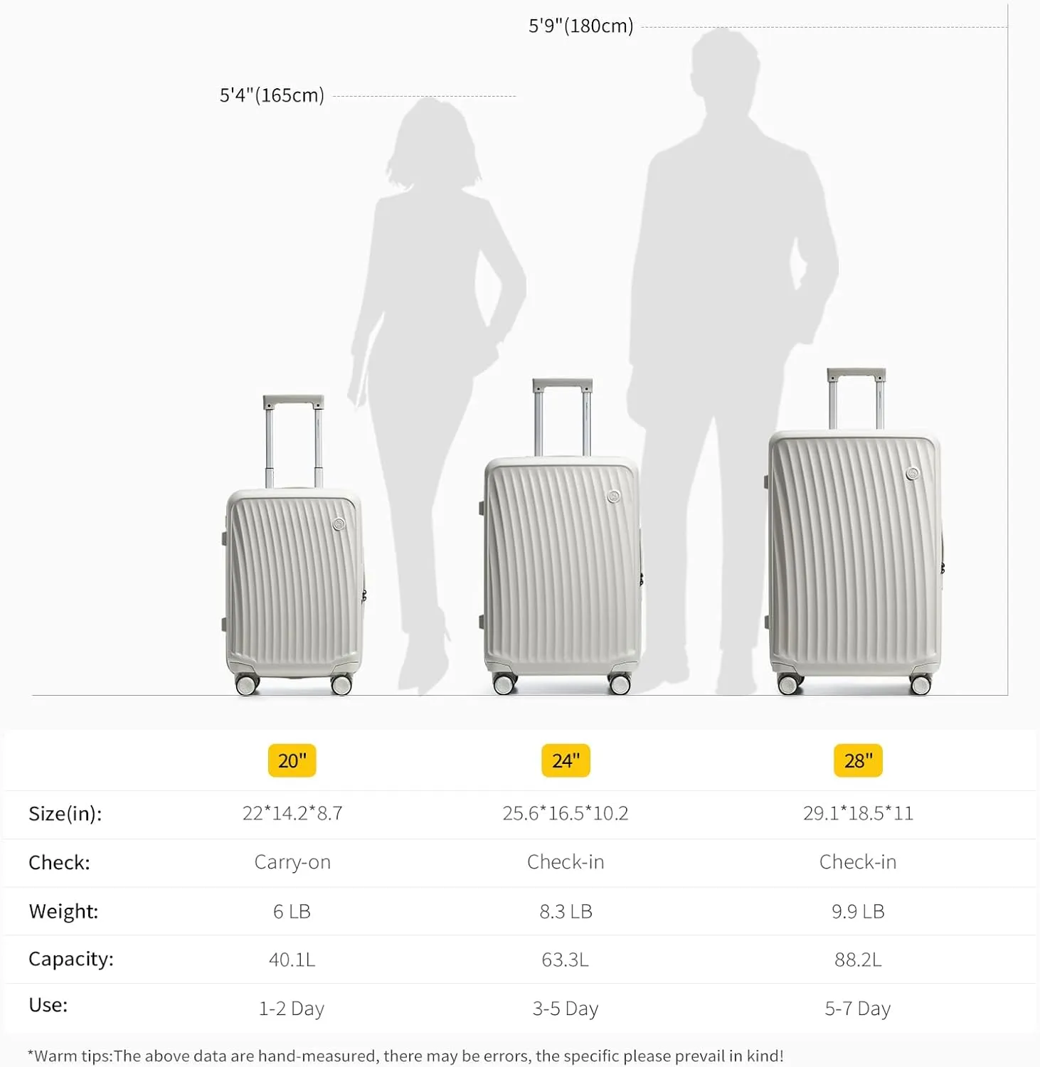 OIWAS 24 Inch Luggage, Hard Shell Suitcases with Wheels, TSA Lock and Waterproof Compartment, Lightweight Medium Suitcase with Smooth Zippers, Checked Luggage for 3-5 Day Trip, White
