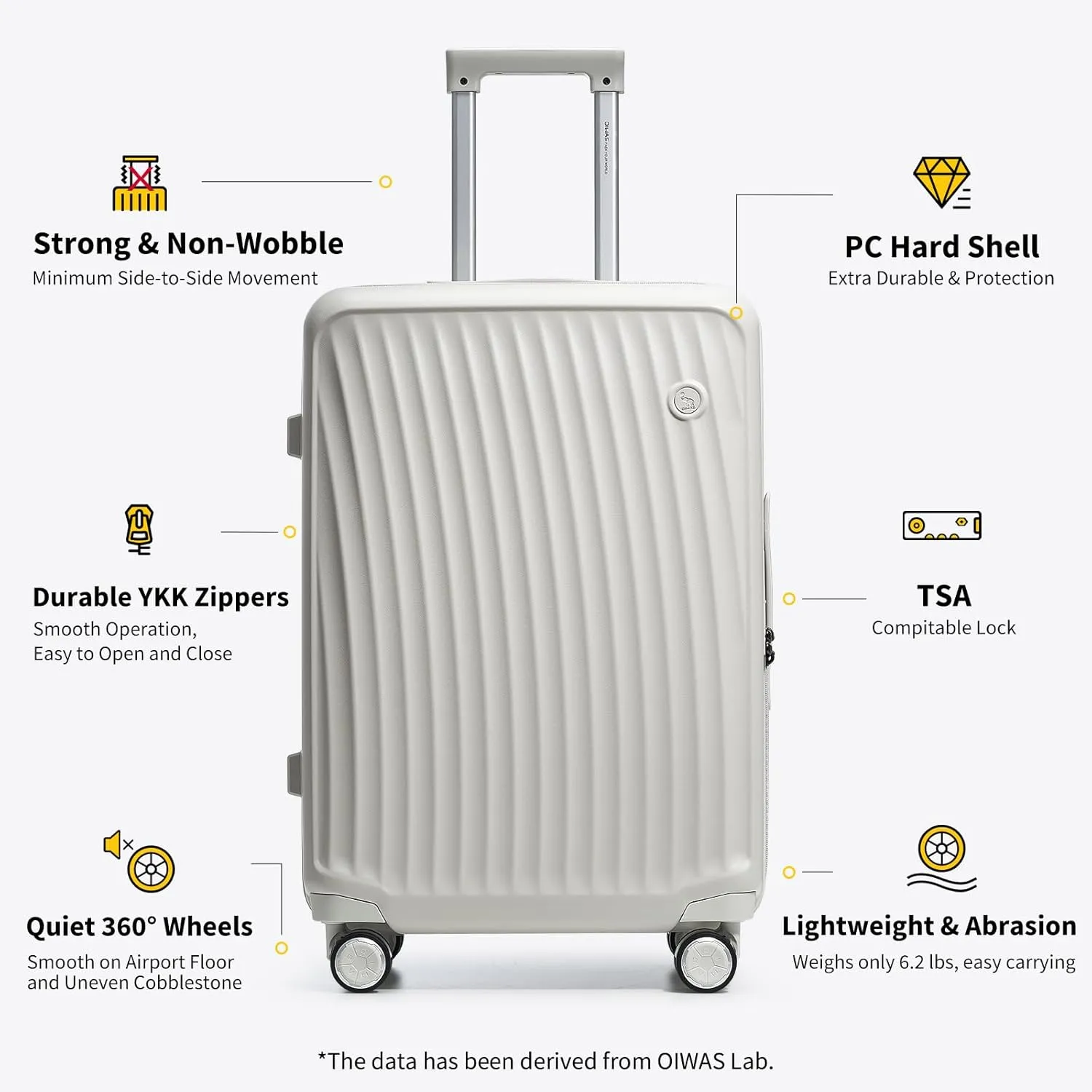 OIWAS 24 Inch Luggage, Hard Shell Suitcases with Wheels, TSA Lock and Waterproof Compartment, Lightweight Medium Suitcase with Smooth Zippers, Checked Luggage for 3-5 Day Trip, White