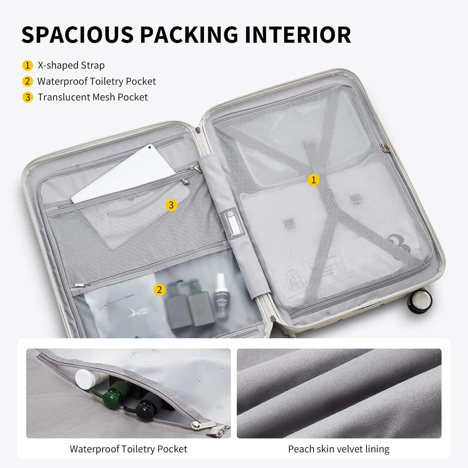 OIWAS 24 Inch Luggage, Hard Shell Suitcases with Wheels, TSA Lock and Waterproof Compartment, Lightweight Medium Suitcase with Smooth Zippers, Checked Luggage for 3-5 Day Trip, White