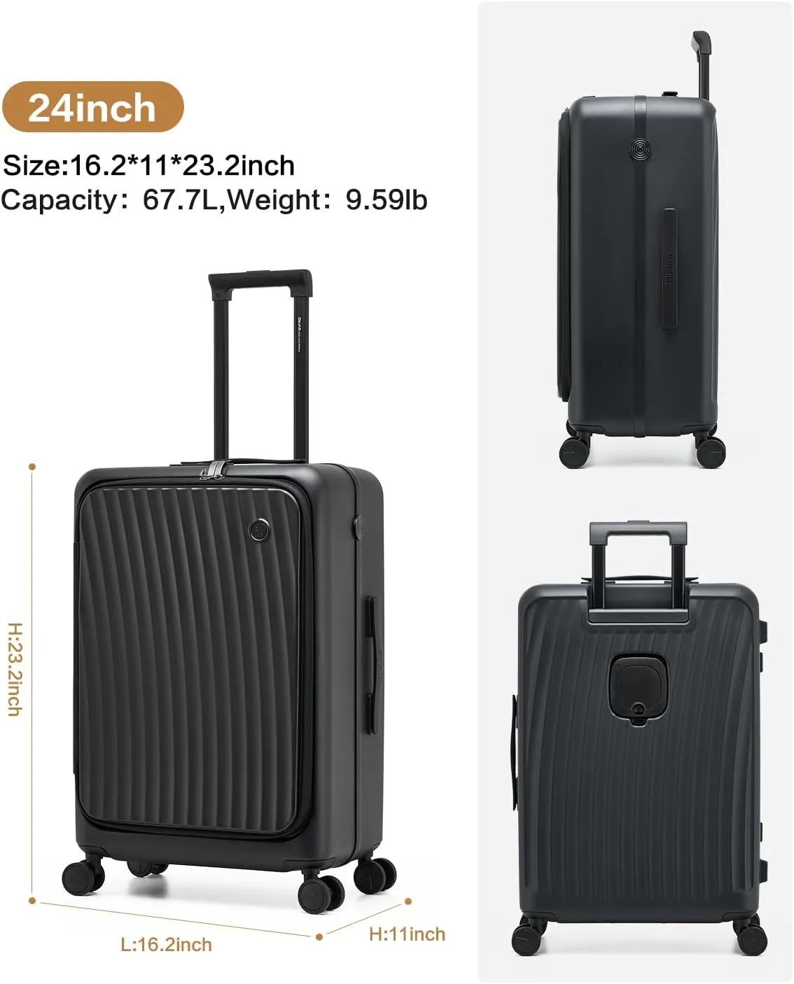 OIWAS 24 Inch Luggage, Top Opening Hard Shell Suitcases with Spinner Wheels, Cup Holder, TSA Lock, Large Capacity Checked Luggage, Aluminum Frame Medium Luggage for Travel, Black