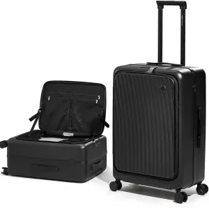 OIWAS 24 Inch Luggage, Top Opening Hard Shell Suitcases with Spinner Wheels, Cup Holder, TSA Lock, Large Capacity Checked Luggage, Aluminum Frame Medium Luggage for Travel, Black