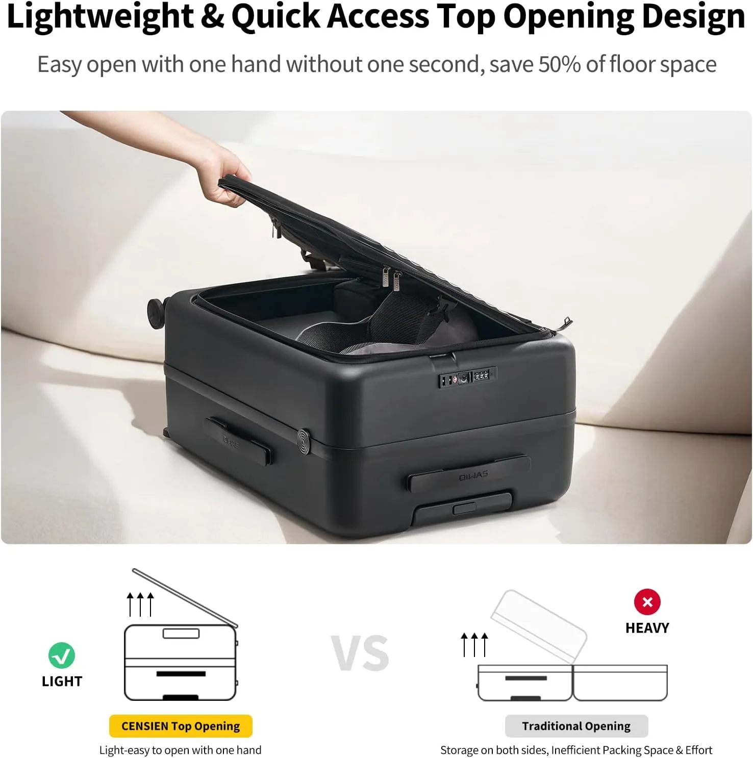 OIWAS 24 Inch Luggage, Top Opening Hard Shell Suitcases with Spinner Wheels, Cup Holder, TSA Lock, Large Capacity Checked Luggage, Aluminum Frame Medium Luggage for Travel, Black