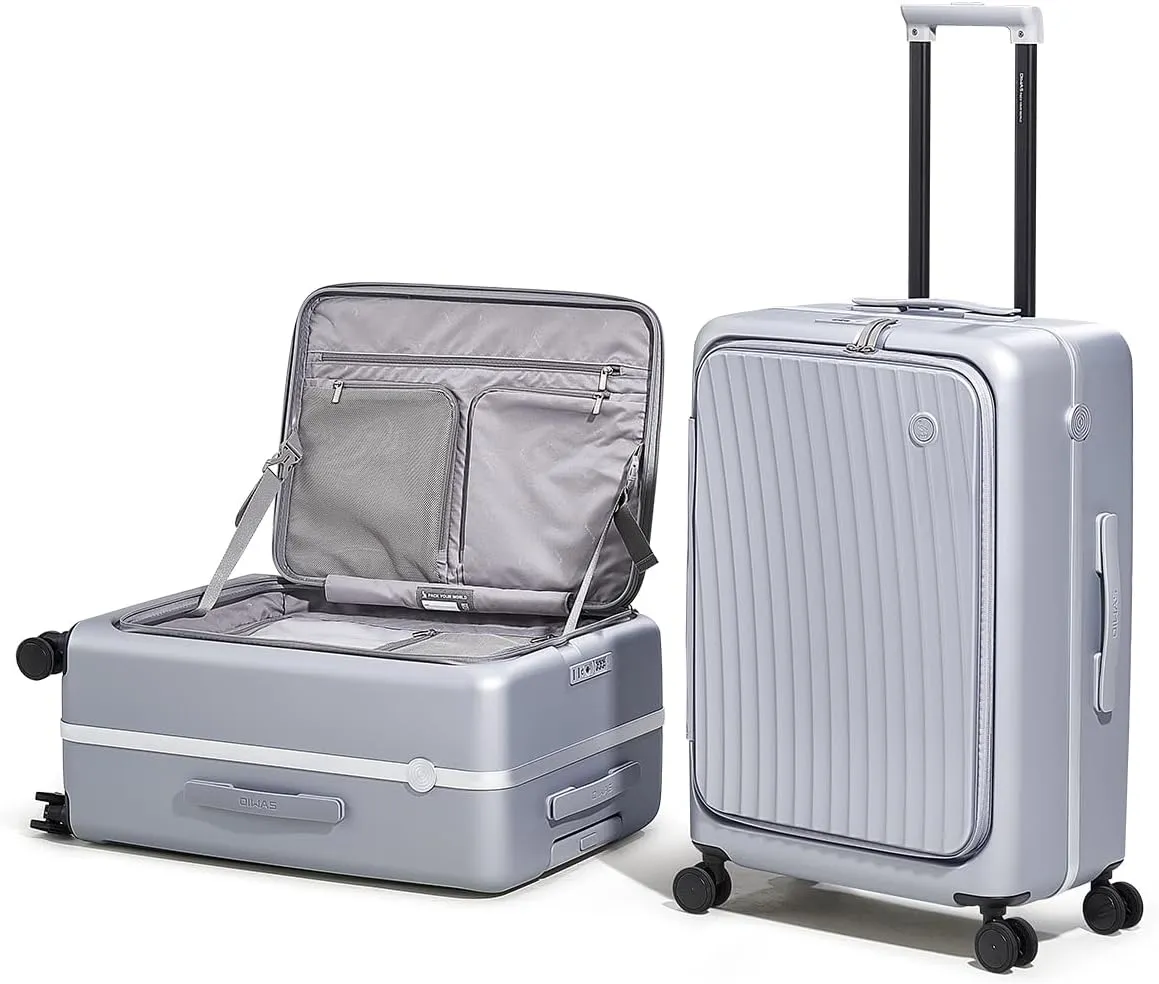 OIWAS 24 Inch Luggage, Top Opening Hard Shell Suitcases with Spinner Wheels, Cup Holder, TSA Lock, Large Capacity Checked Luggage, Aluminum Frame Medium Luggage for Travel, Sliver