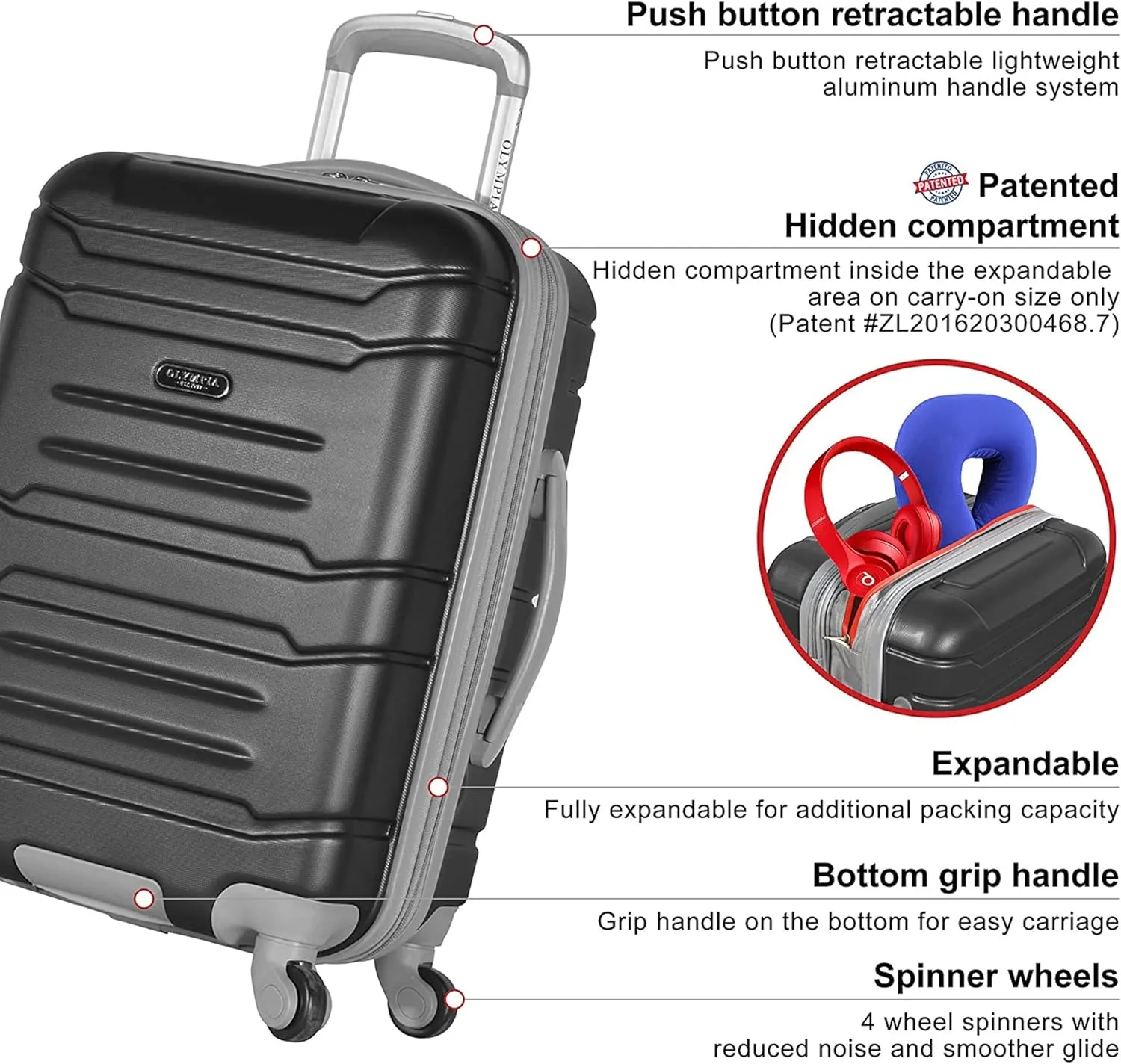 Olympia U.S.A. Denmark 22" Carry-On Suitcase - Lightweight Hardside Luggage, Expandable 30%, 8 Jumbo Spinner Wheels, Utility Hook & Hidden Laptop Compartment (Black)